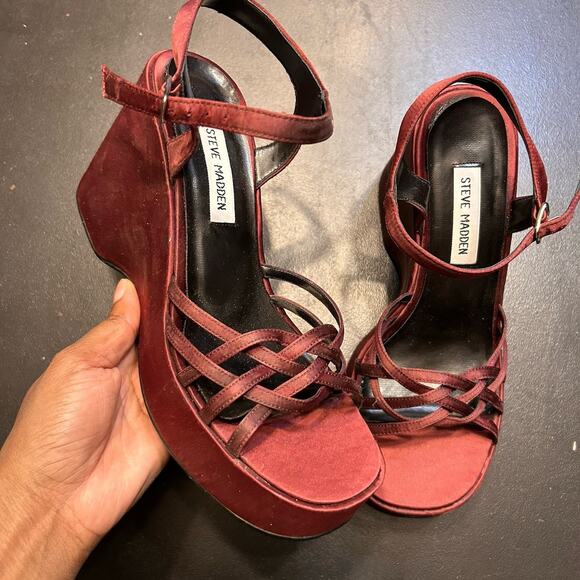 Steve Madden Shoes - 90s Steve Madden Chunky Platform Sandals Burgundy Satin Ankle Strap Size 7.5